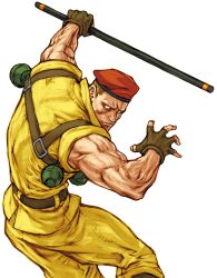 1boy ascot beret brown_gloves brown_shoes capcom capcom_vs_snk capcom_vs_snk_2 explosive facing_to_the_side final_fight fingerless_gloves game_cg gloves grenade hat highres male_focus military military_uniform muscular nishimura_kinu no_pupils non-web_source official_art outstretched_hand red_ascot red_hat rolento scar scar_on_face shoes short_hair staff street_fighter veins veiny_arms veiny_face very_short_hair weapon white_background white_eyes