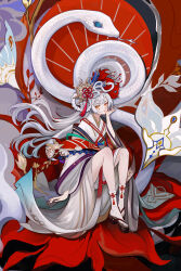 1girl animal braid braided_hair_rings closed_mouth expressionless eyelashes flower gradient_hair hair_ornament hair_rings head_rest highres horns japanese_clothes lips long_hair long_sleeves looking_at_viewer multicolored_hair orange_eyes original shan_gui_yu_yao sitting snake snake_on_head socks solo tassel white_hair white_horns white_snake white_socks wide_sleeves