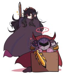 ... 1girl alternate_color armor black_hair cape cape_hold falchion_(fire_emblem) fire_emblem fire_emblem_awakening galaxia_(sword) holding holding_sword holding_weapon homriette kirby_(series) lucina_(fire_emblem) mask meta_knight nintendo one_eye_closed pauldrons shoulder_armor simple_background sparkle standing super_smash_bros. sword weapon