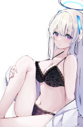 Rule 34 | 1girl, absurdres, black bra, black panties, blue archive, bra, breasts, cleavage, commentary request, feet out of frame, floral print bra, floral print panties, from side, grey hair, halo, hand on own leg, highres, hojiro same, lace, lace-trimmed bra, lace-trimmed panties, lace trim, large breasts, light blush, long hair, long sleeves, looking at viewer, looking to the side, navel, no pants, noa (blue archive), off shoulder, open clothes, open shirt, panties, purple eyes, shirt, simple background, sitting, solo, stomach, straight hair, underwear, very long hair, white background, white shirt