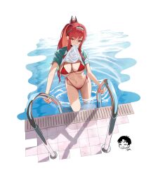 1girl absurdres aqua_hairband bikini blue_hairband blush breasts choker cleavage climbing_ladder clothes_in_mouth clothes_lift danny_marx goddess_of_victory:_nikke hairband highres ladder large_breasts lifting_own_clothes long_hair looking_at_viewer navel official_alternate_costume official_alternate_hair_color ponytail pool pool_ladder rapi_(nikke) rapi_(red_hood)_(nikke) rapi_(red_hood)_(red_flavor)_(nikke) red_bikini red_eyes red_hair shirt shirt_lift side-tie_bikini_bottom smile solo stomach swimsuit wet