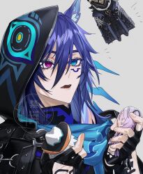1boy animal_ear_fluff animal_ears bat_boy bat_ears black_cape black_coat black_footwear black_gloves black_hair black_hat black_leotard black_mask black_pants black_shirt blue_eyes blue_hair blue_scarf boots cape capitano_(genshin_impact) character_doll citlali_(genshin_impact) coat covered_face doll facial_mark fangs fingerless_gloves fingernails forehead_mark fur-trimmed_coat fur_trim genshin_impact gloves grey_background hair_between_eyes hair_ornament hands_up hat heterochromia highres holding holding_doll hood hooded_cape ifa_(genshin_impact) leotard lips long_hair looking_at_object medium_hair notice_lines open_mouth ororon_(genshin_impact) oy6eaddao5qetyk pants pink_hair purple_eyes scarf shirt shoes short_hair simple_background solo upper_body watermark white_hair