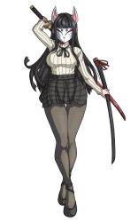 1girl beige_sweater black_hair black_skirt blunt_bangs breasts brups_tv commission crossed_legs highres holding holding_sheath holding_sword holding_weapon katana leggings long_hair looking_at_viewer mask medium_breasts original pantyhose ribbed_sweater sheath skirt solo sweater sword weapon white_background wolf_mask