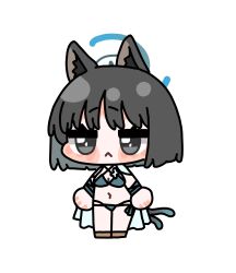 1girl animal_ears bakeneko bikini black_eyes blue_archive blue_halo cat_ears cat_girl cat_tail chibi criss-cross_halter expressionless full_body halo halterneck highres kikyou_(blue_archive) multi-strapped_bikini_bottom multiple_tails official_alternate_costume short_hair solo swimsuit tail two_tails white_background zeroku77