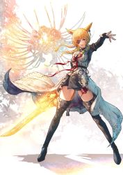 1girl animal_ears black_boots black_shirt black_shorts blonde_hair boots braid braided_ponytail cat_ears coat drill_hair earrings elbow_gloves eyepatch final_fantasy final_fantasy_xiv fingerless_gloves full_body gloves highres holding holding_sword holding_weapon jewelry legs_apart looking_at_viewer miqo&#039;te outstretched_arm parted_lips red_eyes shirt short_shorts shorts shukei single_braid single_earring sleeveless sleeveless_coat solo standing sword thigh_boots thighhighs warrior_of_light_(ff14) weapon white_coat