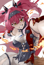 1girl armor breastplate breasts commentary cowboy_shot grin hairband highres large_breasts long_hair looking_at_viewer lupa_(wuthering_waves) metal_hairband pink_hair psym_2cha red_pupils red_sash sash smile solo symbol-only_commentary tacet_mark_(wuthering_waves) tail teeth twintails wolf_tail wuthering_waves yellow_eyes