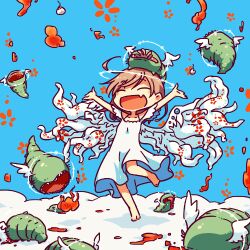1girl :d \o/ angel arms_up barefoot bizarre_rain blue_background brown_hair chibi closed_eyes cloud detached_sleeves dress eating eyeball fang flesh flower_symbol halo happy lowres medium_hair monster off_shoulder on_head open_mouth organs original outstretched_arms rakuni skin_fang smile solo standing standing_on_one_leg white_dress white_wings wings