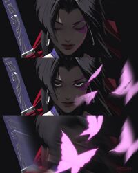 1girl black_hair bug butterfly closed_eyes closed_mouth earrings highres insect jewelry katana long_hair looking_at_viewer marvel marvel_rivals neozumi psylocke psylocke_(vengeance) solo superhero_costume sword tattoo weapon x-men