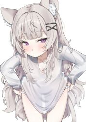 1girl animal_ears bent_over cat_ears cat_girl cat_tail commission expressionless grey_hair hanakonenne highres long_hair long_sleeves looking_at_viewer no_pants original panties panty_pull purple_eyes see-through_silhouette shirt tail underwear very_long_hair white_panties white_shirt