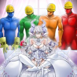 1girl 4boys aitsu_(parodius) bare_shoulders blue_eyes blue_skin breasts cleavage colored_skin couch crossed_legs doitsu_(parodius) dress duel_monster freega green_skin grey_hair helmet holding holding_stuffed_toy knight_(yu-gi-oh!) koitsu_(parodius) large_breasts meme multiple_boys nervous_smile orange_skin piper_perri_surrounded_(meme) pointy_ears red_skin sitting smile soitsu_(parodius) strapless strapless_dress stuffed_toy sweat thighhighs white_dress white_thighhighs yu-gi-oh!