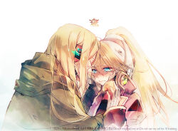 Rule 34 | 1boy, 1girl, amanhecer eod, armor, armored gloves, blonde hair, blue eyes, blush, chinese text, ciel (mega man), cloak, closed eyes, comforting, covered mouth, crying, crying with eyes open, english text, facing another, facing to the side, gloves, green cloak, grey gloves, hair over mouth, hand in another&#039;s hair, hand on another&#039;s arm, hands in hair, hands on another&#039;s head, hands on another&#039;s wrists, headband, heads together, headscarf, high ponytail, holding hands, hood, hooded cloak, jacket, long hair, looking at another, looking down, medium hair, mega man (series), mega man zero (series), military jacket, mixed-language commentary, open clothes, open jacket, parted bangs, pink armor, pink headband, pink jacket, ponytail, popped collar, red trim, streaming tears, swept bangs, teardrop, tearing up, tears, upper body, watermark, white background, white gloves, white headband, white headscarf, zero(z) (mega man), zero (mega man)