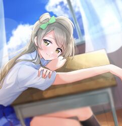 1girl black_socks blue_skirt blurry blush bow brown_eyes brown_hair classroom cloud commentary_request day depth_of_field desk green_bow hair_bow highres kiryu_(sora_no_iroto) long_hair looking_at_viewer love_live! love_live!_school_idol_project minami_kotori otonokizaka_school_uniform school_desk school_uniform shirt sitting skirt sky smile socks solo white_shirt window