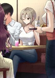 1boy 3girls absurdres aramachi bag black_hair booth_seating breasts brown_eyes burger closed_mouth commentary_request cup denim earrings food handbag highres holding holding_tray idolmaster idolmaster_cinderella_girls indoors jeans jewelry large_breasts long_hair multiple_girls one_eye_closed pants purple_hair saucer shiomi_syuko shirt short_hair sitting slice_of_life smile soda solo_focus teacup tray white_shirt