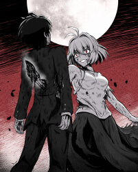 1boy 1girl absurdres ahoge arcueid_brunestud battle battle_damage black_hair blood blood_on_clothes blood_on_face breasts crazy_eyes crazy_smile dark_persona drizzwryyy fighting_stance floating_clothes floating_hair full_moon highres hole_in_chest hole_on_body impaled jewelry large_breasts looking_at_another monochrome moon necklace red_arcueid red_eyes red_sky school_uniform short_hair skirt sky smile souya_high_school_uniform sweater tohno_shiki torn_clothes tsukihime tsukihime_(remake) turtleneck turtleneck_sweater vampire