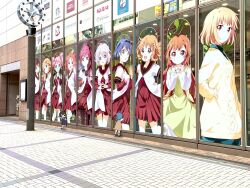 2girls akaza_akari akihabara_(tokyo) arm_up atre_akihabara black_footwear blue_dress brown_dress brown_eyes brown_hair building child clock collared_shirt dress empty_eyes from_behind funami_mari funami_yui furutani_himawari furutani_kaede hair_ornament highres ikeda_chitose index_finger_raised mari_(yuruyuri) multiple_girls namori oomuro_hanako oomuro_nadeshiko oomuro_sakurako outdoors photo_(medium) photo_background pinafore_dress product_placement shirt sidewalk sleeveless sleeveless_dress socks sugiura_ayano toshinou_kyouko twintails white_socks yoshikawa_chinatsu yuruyuri