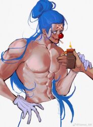 1boy abs blue_eyes blue_hair buggy_the_clown closed_mouth clown_nose eyelashes facepaint facial_hair gloves goatee highres lighter long_hair male_focus messy_hair one_piece pectorals sideburns solo toned toned_male vamos_mk white_gloves