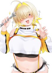 1girl absurdres ahoge black_sports_bra blonde_hair blush breasts crop_top crop_top_overhang cropped_sweater elegg_(nikke) goddess_of_victory:_nikke hair_intakes hair_over_eyes highres holding large_breasts looking_at_viewer micro_shorts navel nigi_(ngmnoym) open_mouth purple_eyes short_hair shorts simple_background smile solo sports_bra suspender_shorts suspenders sweater white_background