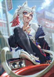 1girl animal_ear_fluff animal_ear_piercing animal_ears blue_eyes blurry blurry_background cat_ears cat_girl commission cropped_jacket fangs highres jacket jewelry kionaoki looking_at_viewer multicolored_hair open_clothes open_jacket open_mouth original pants parted_bangs pendant pink_nails ponytail red_hair shirt short_ponytail tied_shirt tight_clothes tight_pants two-tone_hair v watermark watermark_grid white_hair