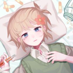 1boy antenna_hair bandaged_arm bandages bandaid basil_(faraway)_(omori) basil_(omori) bed_sheet blonde_hair blue_eyes bottle boxcutter collared_shirt commentary crying crying_with_eyes_open dot_nose dutch_angle english_commentary fingernails flower green_sweater_vest hair_between_eyes hair_flower hair_ornament hand_on_own_chest hands_up head_on_pillow highres holding holding_boxcutter katyusha_(deer_peter) looking_at_viewer lying male_focus omori on_back open_mouth pill pillow red_flower shirt short_hair short_sleeves solo straight-on sweater_vest tears upper_body white_shirt