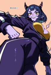 1girl absurdres breasts colored_skin covered_groin demon_girl demon_horns demon_tail from_below hand_on_own_hip highres horns jacket komatsuki_n large_breasts matsumoto_nono medium_hair open_clothes open_jacket partially_unzipped pointy_ears punch_punch_forever! purple_eyes purple_jacket purple_skin solo tail