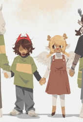 1boy 1other 2girls aged_down animal_ears antlers asriel_dreemurr blonde_hair bracelet braid breasts brown_eyes brown_fur brown_hair buck_teeth commentary december_holiday deltarune demon_horns dess_holiday dress english_commentary fake_horns fake_wings full_body furry furry_female goat_boy goat_horns green_sweater highres holding_hands hooves horns jewelry kris_(deltarune) layered_sleeves long_sleeves looking_at_another medium_breasts multiple_girls noelle_holiday orange_dress pinafore_dress reindeer_antlers reindeer_girl shaded_face shirt short_over_long_sleeves short_sleeves shorts side-by-side simple_background sleeveless sleeveless_dress smile sweater teeth tongue tongue_out turtleneck turtleneck_shirt twin_braids watermark white_background white_fur white_shorts wings zipsunz
