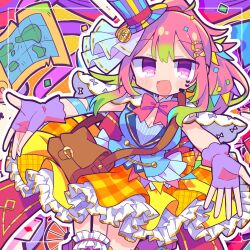 1girl :d blue_jacket blush bow bowtie breasts capelet colorful_background commentary_request cowboy_shot fingerless_gloves frilled_skirt frilled_thighhighs frills garter_straps gloves green_hair hakono_nakami hat highres indie_virtual_youtuber jacket long_hair looking_at_viewer medium_breasts multicolored_hair multicolored_hat open_mouth outline outstretched_arms pink_hair pink_thighhighs plaid_clothes plaid_skirt purple_eyes purple_gloves purple_hat red_bow red_bowtie richard_(richaball) skirt sleeveless sleeveless_jacket smile solo thighhighs top_hat virtual_youtuber white_capelet white_outline yellow_skirt
