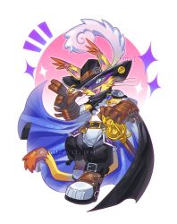 Rule 34 | black cape, black hat, black pants, blue cape, boots, brown gloves, cape, cat, confeito000 333, digimon, digimon (creature), eye mask, full body, gloves, green eyes, hat, hat feather, highres, nyabootmon, one eye closed, pants, purple mask, salute, simple background, sword, two-finger salute, two-sided cape, two-sided fabric, weapon, whiskers, white background