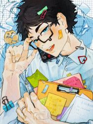 Rule 34 | 1boy, akaashi keiji, aqua eyes, bishounen, black hair, glasses, haikyuu!!, hair ornament, hairclip, highres, holding, jewelry, kunkunsleepy, long sleeves, male focus, open mouth, ring, shirt, short hair, smile, talking on phone, teeth, tongue, white background, white shirt