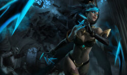 1girl 3boys armor bare_shoulders bat_(animal) bat_hair_ornament bat_ornament bikini_armor black_gloves black_hair black_panties blue_eyes blue_hair breasts cathedral claws cleavage commentary crystal english_commentary evelynn_(league_of_legends) fingernails full_armor gloves glowing glowing_eyes glowing_hair hair_ornament indoors league_of_legends long_hair looking_at_another looking_to_the_side medium_breasts moonlight multiple_boys navel panties sangsoo_jeong shadow_evelynn sharp_fingernails smile stomach thighs underwear