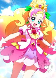 1girl :d aqua_eyes ascot bare_legs blonde_hair blue_sky blush breasts brooch choker cloud cloudy_sky commentary cosplay cowboy_shot cure_flora cure_grace cure_grace_(cosplay) day dress earrings flower flower_brooch gloves go!_princess_precure gold_tiara gradient_hair hair_ornament haruno_haruka healin&#039;_good_precure highres in-franchise_crossover jewelry leaf_earrings leaf_hair_ornament long_hair looking_at_viewer magical_girl momotarouooi multicolored_hair open_clothes open_mouth open_vest outdoors parted_bangs pink_choker pink_dress pink_hair pink_vest precure puffy_short_sleeves puffy_sleeves short_dress short_sleeves sky small_breasts smile solo streaked_hair thick_eyebrows tiara two-tone_hair vest watermark white_gloves yellow_ascot