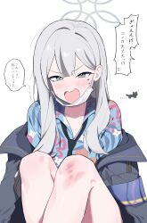Rule 34 | 1girl, black jacket, blue archive, grey hair, halo, hawaiian shirt, injury, jacket, japanese text, konoka (blue archive), long hair, saiun sigma, shirt, simple background, solo, tears, twitter, white background, white mask