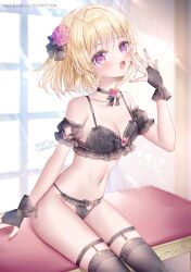 Rule 34 | 1girl, :d, backlighting, bare shoulders, black bra, black panties, black sleeves, black thighhighs, blonde hair, bow, bow bra, bow panties, bra, breasts, bridal gauntlets, cleavage, collarbone, commentary request, commission, curtains, detached sleeves, flower, hair flower, hair ornament, hand to own mouth, hand up, highres, indoors, kohinata hoshimi, medium breasts, nail polish, open mouth, original, panties, pixiv commission, puffy short sleeves, puffy sleeves, purple eyes, purple flower, purple rose, red nails, rose, short sleeves, sitting, smile, solo, sunlight, thighhighs, underwear, underwear only, window