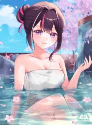 1girl alternate_hairstyle arm_support asymmetrical_sidelocks azki_(hololive) back back_focus blue_sky breasts brown_hair cherry_blossoms closed_mouth double-parted_bangs hair_bun hair_intakes highres hololive looking_at_viewer medium_breasts multicolored_hair naked_towel no_pants onsen orenzihokage outdoors partially_submerged peeking pink_hair pink_nails pioneer_(azki) purple_eyes signature single_hair_bun sky smile solo streaked_hair towel virtual_youtuber voyeurism wet white_hair