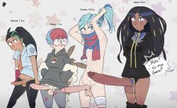 1boy 3futa aqua_eyes aqua_hair armpits bad_anatomy bad_hands bag bandaged_leg bandages black_hair blue_hair blush bow bowtie breasts brown_eyes collared_shirt creatures_(company) cum dark-skinned_female dark_skin easybee eevee embarrassed english_text foreskin freckles futanari game_freak geeta_(pokemon) gen_1_pokemon glans glasses gloves gold_hair green_hair grusha_(pokemon) hood hoodie huge_penis large_penis medium_breasts minus_sign multicolored_hair multiple_futa navel nemona_(pokemon) nintendo pants penis penis_size_difference penny_(pokemon) plus_sign poke_ball_symbol pokemon pokemon_sv ponytail precum red_hair scarf shaded_face shirt single_glove skirt smile star_(symbol) teeth testicles trap two-tone_hair veins veiny_penis yellow_eyes