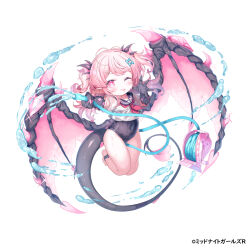 1girl ;p anklet barefoot black_gloves black_tail black_wings blue_bow blue_one-piece_swimsuit blue_sailor_collar bow casual_one-piece_swimsuit character_request closed_mouth covered_navel crop_top flat_chest full_body gloves hair_bow hair_ornament hairclip heart heart-shaped_pupils highres holding holding_hose hose jewelry long_hair looking_at_viewer midnight_girls midriff navel neckerchief official_art one-piece_swimsuit one_eye_closed pink_eyes pink_hair pink_nails red_neckerchief sailor_collar shirt short_sleeves smile solo swimsuit swimsuit_under_clothes symbol-shaped_pupils tongue tongue_out two_side_up white_background white_shirt wings yinpa_(wanone500511)