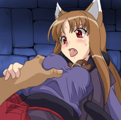 00s 1girl animal_ears blush breasts cl-55 covered_erect_nipples fang grabbing_another&#039;s_breast groping holo lowres solo_focus spice_and_wolf sweat tongue wolf_ears you_gonna_get_raped