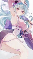 Rule 34 | 1girl, absurdres, apron, aqua hair, armpit focus, armpits, back bow, bow, breasts, commentary, detached sleeves, feet out of frame, genshin impact, hand fan, highres, holding, holding fan, japanese clothes, jujube 2513, kimono, large breasts, long hair, looking at viewer, looking to the side, nihongami, paper fan, parted lips, pink kimono, pointy ears, presenting armpit, purple bow, purple eyes, solo, twitter username, uchiwa, waist apron, watermark, white apron, yumemizuki mizuki