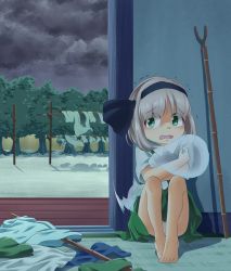 1girl barefoot blunt_bangs bob_cut calcmis_gowa clothes clothesline cloud cloudy_sky commentary_request facing_viewer green_eyes green_skirt green_vest hair_ribbon highres indoors knees_up konpaku_youmu konpaku_youmu_(ghost) looking_to_the_side night on_floor open_mouth panties pantyshot pole ribbon self_hug shadow shirt short_hair short_sleeves silver_hair sitting skirt sky solo tatami touhou tree trembling underwear veranda vest white_panties white_shirt