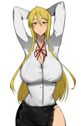 1girl arms_up blonde_hair blouse bow breasts collarbone dr_octojuice female_focus highres highschool_of_the_dead large_breasts light_blush long_hair long_skirt looking_at_viewer marikawa_shizuka red_bow school_nurse shirt simple_background skirt torn_clothes torn_skirt white_background yellow_eyes
