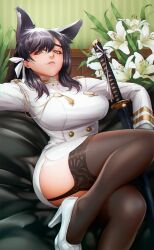 animal_ears atago_(azur_lane) azur_lane black_hair black_thighhighs breasts brown_eyes high_heels highres k19 knee_up legs long_hair looking_at_viewer military_uniform sitting solo thick_thighs thighhighs thighs wolf_ears