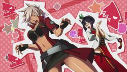 2girls :d :o ^_^ animal animal_on_head anime_screenshot belt belt_skirt black_hair blazblue blazblue:_chronophantasma blunt_bangs breasts bullet_(blazblue) cleavage closed_eyes clothing_cutout coat corset cosplay crop_top dark-skinned_female dark_skin dead_spike dress dutch_angle fingerless_gloves game_cg glasses gloves hair_bun hairband high_collar juliet_sleeves lao_jiu large_breasts laughing litchi_faye_ling long_coat long_sleeves midriff miniskirt multiple_belts multiple_girls navel official_art on_head open_clothes open_coat open_mouth orange_eyes outline own_hands_together panda parted_bangs pencil_skirt pink_background polka_dot polka_dot_background puffy_long_sleeves puffy_sleeves ragna_the_bloodedge ragna_the_bloodedge_(cosplay) scar semi-rimless_eyewear short_hair short_sleeves side_cutout silver_hair single_hair_bun skirt smile spiked_hair standing star_(symbol) striped_background sweatdrop thighs turtleneck under-rim_eyewear yellow_eyes