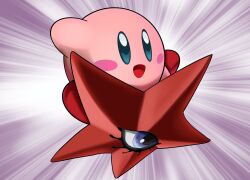 absurdres blue_eyes blush_stickers colored_skin crossover decarabia_(megami_tensei) dress highres hiratanagi05050 kirby kirby_(series) nintendo no_humans one-eyed open_mouth pink_skin purple_dress riding shin_megami_tensei warp_star