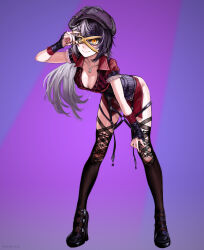 1girl absurdres bent_over black_corset black_hair black_nails black_shoes black_thighhighs breasts cleavage closed_mouth collared_shirt commentary corset deerstalker fingernails floating_hair grey_hair hair_ornament hand_on_own_knee hat high_heels highres holding holding_scissors hololive hololive_english jewelry large_breasts long_fingernails long_hair looking_at_viewer m4skedboi multicolored_hair nail_polish necklace no_pants o-ring official_alternate_costume pendant purple_background red_shirt scissors shiori_novella shiori_novella_(casual) shirt shoes short_sleeves smile solo split-color_hair standing symbol-only_commentary thighhighs twitter_username two-tone_hair virtual_youtuber yellow_eyes