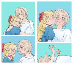 2girls blonde_hair blue_background blue_dress blush bow choker closed_eyes commentary_request dohwa110 dress dungeon_meshi ear_blush elf falin_touden falin_touden_(tallman) full-face_blush green_eyes hair_bow highres hug implied_kiss kiss kissing_cheek korean_commentary long_hair marcille_donato multiple_girls one_eye_closed pointy_ears red_bow red_choker shirt short_hair short_sleeves white_shirt yellow_eyes yuri