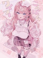 Rule 34 | 1girl, :3, absurdres, bag, belt, black shoes, blue eyes, bow, earrings, frilled shirt, frills, from above, full body, hair bow, hair ornament, highres, igarashi rika, index fingers raised, jacket, jewelry, long hair, multicolored hair, necklace, nijisanji, object on head, off-shoulder shirt, off shoulder, open clothes, open jacket, orange hair, pearl necklace, plaid clothes, plaid skirt, shirogami seisho, shirt, shoes, shoulder bag, skirt, sleeveless, sleeveless shirt, socks, solo, standing, streaked hair, stuffed animal, stuffed toy, thigh strap, virtual youtuber, white hair, white jacket, white shirt, white socks