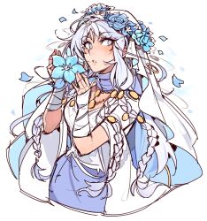 1girl almightychiru blue_eyes braid colored_eyelashes commentary cropped_legs doll_joints dress elden_ring elden_ring_nightreign english_commentary facing_viewer falling_petals flower flower_wreath head_wreath holding holding_flower jewelry joints long_hair looking_to_the_side low_twin_braids pale_skin parted_lips petals revenant_(elden_ring) solo twin_braids upper_body wavy_hair white_background white_dress white_eyelashes white_hair wrist_wrap