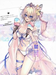 1girl absurdres bare_shoulders bikini blonde_hair blue_eyes blush breasts cleavage europa_(granblue_fantasy) europa_(summer)_(granblue_fantasy) flower food granblue_fantasy hair_flower hair_ornament hair_ribbon highres ice_cream ice_cream_cone large_breasts looking_at_viewer noa_pisces open_mouth ribbon smile solo swimsuit tiara white_bikini