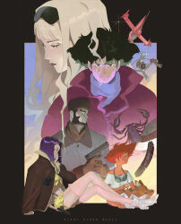 beard child closed_eyes cowboy_bebop dog edward_wong_hau_pepelu_tivrusky_iv ein_(cowboy_bebop) facial_hair faye_valentine goggles gun hairband highres holding holding_gun holding_weapon jet_black julia_(cowboy_bebop) lipstick makeup orange_hair perry_maple purple_hair science_fiction smoking spike_spiegel sunglasses swordfish_ii weapon welsh_corgi yellow_hairband