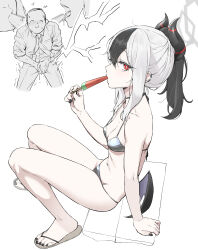 1girl absurdres bikini black_hair blue_archive breasts cleavage close-up demon_girl demon_horns doodle_sensei_(blue_archive) earclip food grey_halo hair_between_eyes halo highres horns hyury kayoko_(blue_archive) long_hair looking_at_viewer low_wings medium_breasts mole multicolored_hair nail_polish ponytail popsicle red_eyes sensei_(blue_archive) sexually_suggestive sitting swimsuit two-tone_hair white_hair wings