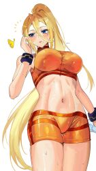1girl absurdres alternate_color blonde_hair blue_eyes breasts crop_top cropped_shirt eyelashes ginkgo_leaf highres large_breasts leaf long_hair metroid midriff mole mole_under_mouth navel nintendo orange_shirt orange_shorts parted_lips player_2 ponytail samus_aran shirt shorts simple_background solo super_smash_bros. sweat white_background yasaikakiage